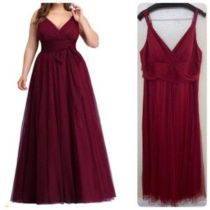 Ever-Pretty Plus V Neck A Line Empire Waist Long Tulle Gown Size 18 Burgundy